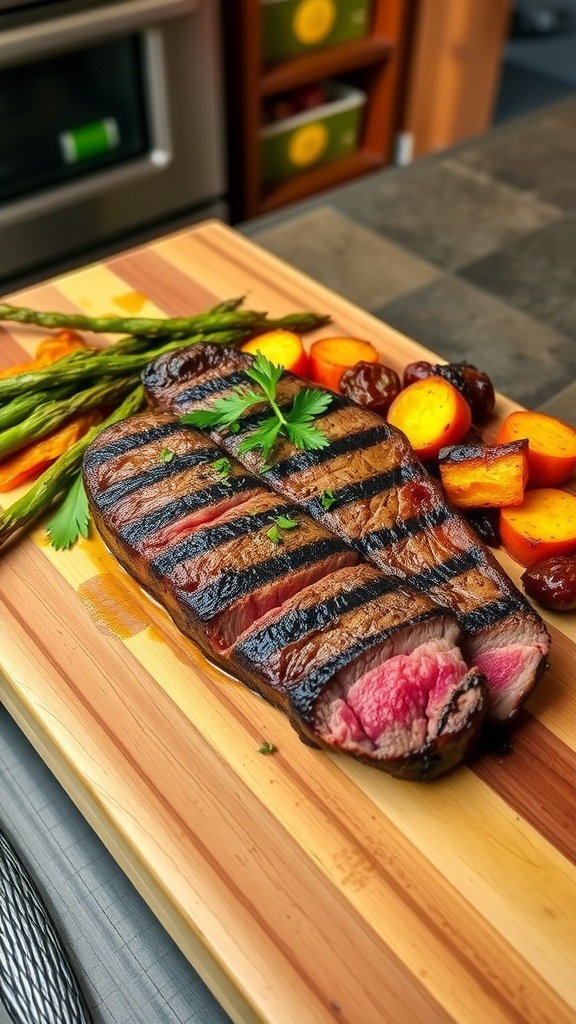 A juicy NY strip steak garnished with herbs, resting on a cutting board with roasted vegetables.